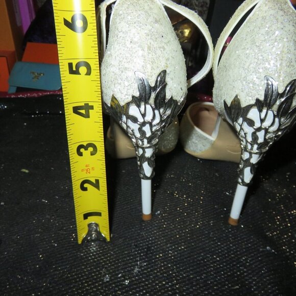 Bigtree Cream Glitter & Silver Metallic Carved Embellished Stiletto Heels 39 8.5 - Picture 5 of 12